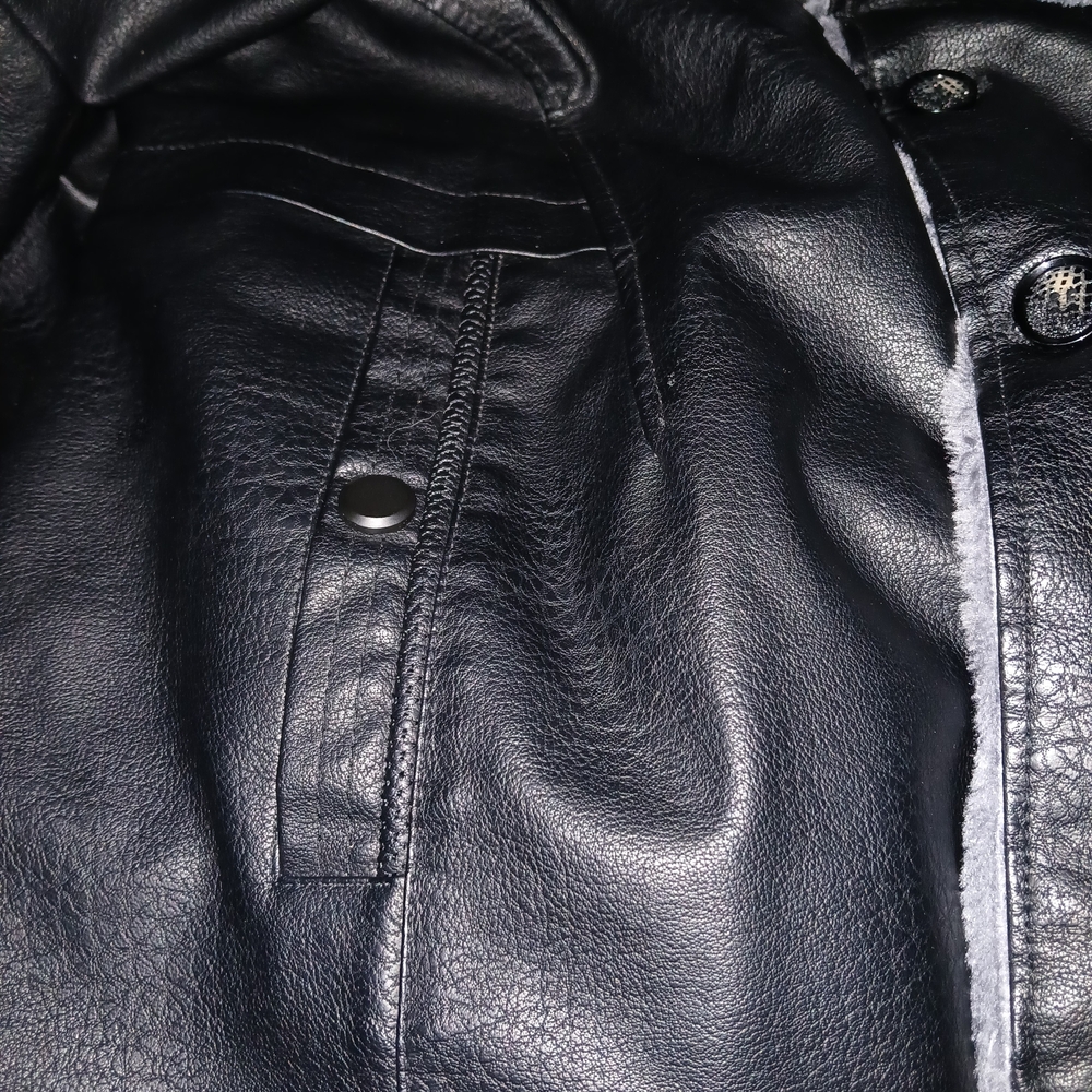 Men's Black Faux Leather Jacket with Gray Faux Fur Lining - Picture 7 of 12